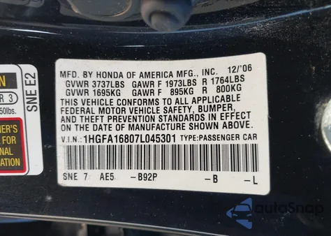 2007 Honda Civic Ex из США, поврежденный, VIN 1HGFA16807L045301